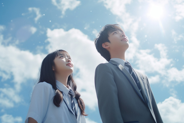 空を見上げる高校生